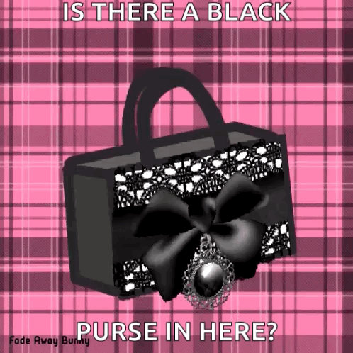 A Picture Of A Black Purse On A Pink Plaid Background With The Caption Is There A Black Purse In Here GIF