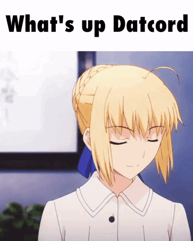 A Picture Of A Blonde Anime Girl With The Words What 'S Up Datcord Written Above Her GIF