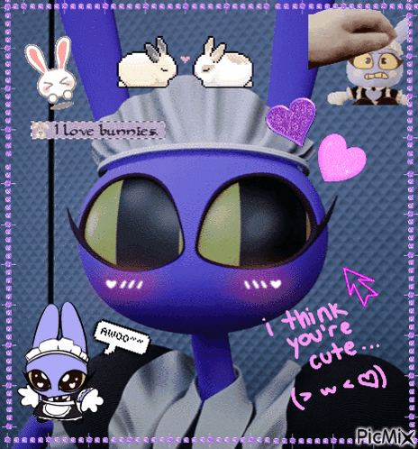 A Picture Of A Blue Bunny With A Hat That Says I Love Bunnies On It GIF