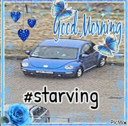 A Picture Of A Blue Car With The Words Good Morning Starving GIF
