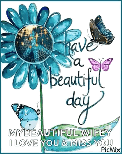 a picture of a blue flower with butterflies and the words " have a beautiful day my beautiful wifey i love you & miss yo