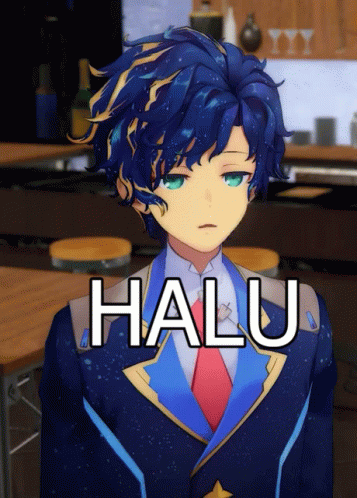 A Picture Of A Blue Haired Anime Character With The Word Halu Written On It GIF