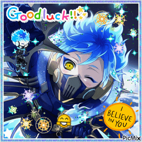 A Picture Of A Blue Haired Anime Character With The Words " Good Luck " Written On It GIF