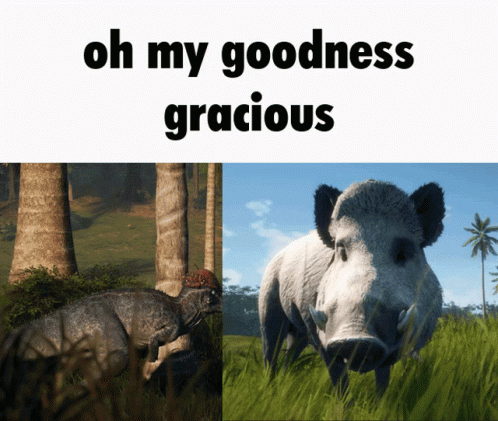 A Picture Of A Boar Next To A Picture Of A Dinosaur With The Words Oh My Goodness Gracious GIF