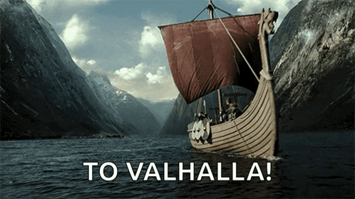 A Picture Of A Boat In The Water With The Words To Valhalla GIF