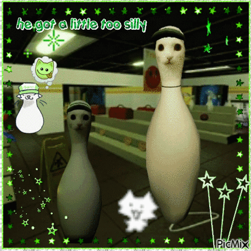 A Picture Of A Bowling Alley With A Caption That Says He Got A Little Too Silly GIF