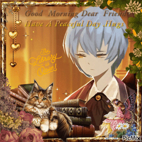 A Picture Of A Boy And A Cat With The Caption " Good Morning Dear Friend " GIF