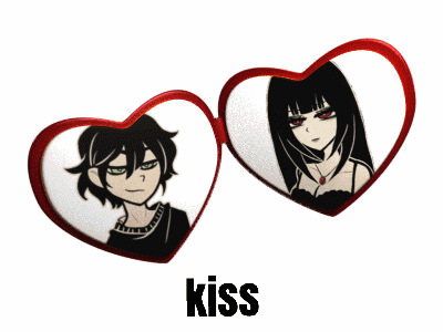 A Picture Of A Boy And A Girl In Heart Shaped Glasses With The Word Kiss Below Them GIF