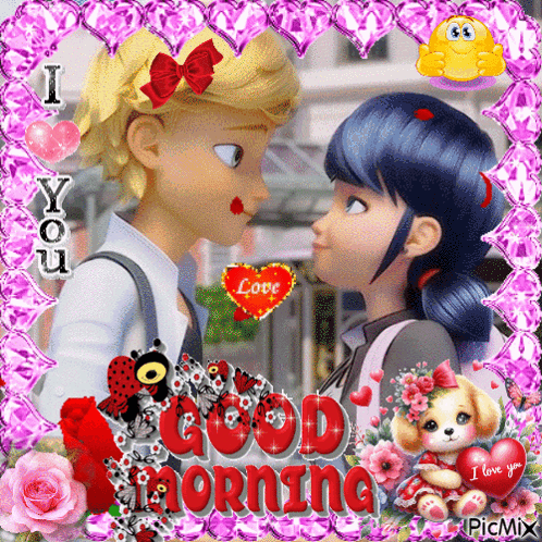 A Picture Of A Boy And A Girl Looking At Each Other With A Good Morning Message GIF