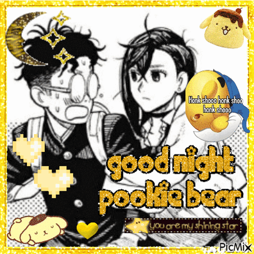 A Picture Of A Boy And A Girl With The Words " Good Night Poollie Bear " On It GIF