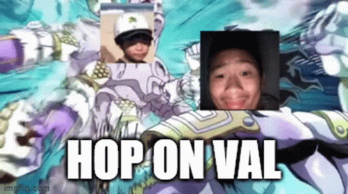A Picture Of A Boy And A Girl With The Words `` Hop On Val '' . GIF