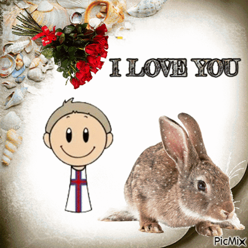 A Picture Of A Boy And A Rabbit With The Words I Love You On It GIF