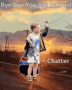 A Picture Of A Boy Holding A Bag With The Words Bye Bye You Are Banned GIF