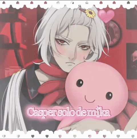 A Picture Of A Boy Holding A Pink Stuffed Animal With The Name Casper Solo Demika Written On It GIF