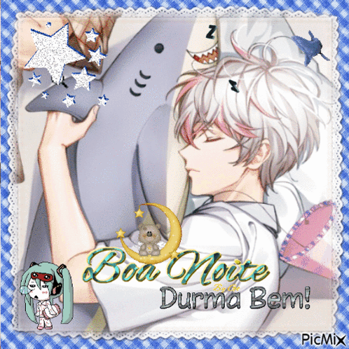 A Picture Of A Boy Holding A Stuffed Shark With The Words Boa Noite Durma Bem On The Bottom GIF