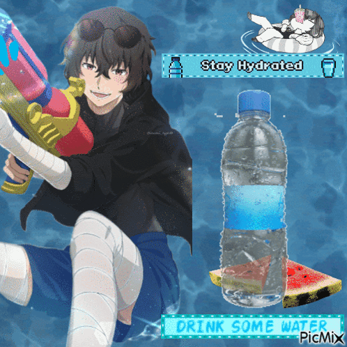 a picture of a boy holding a water gun next to a bottle of water and a watermelon slice
