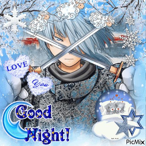 A Picture Of A Boy Holding Two Swords With The Words Good Night On It GIF