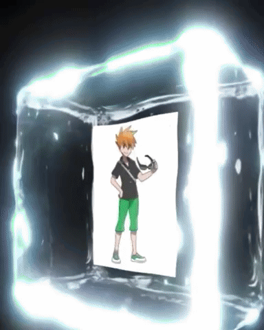 a picture of a boy in a black shirt and green shorts is inside of an ice cube