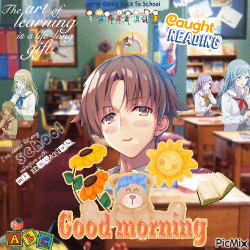 A Picture Of A Boy In A Classroom With The Words Good Morning On It GIF