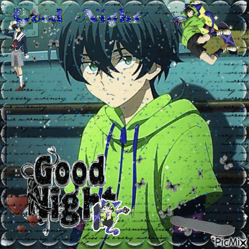 A Picture Of A Boy In A Green Hoodie With The Words Good Night On It GIF
