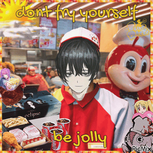 A Picture Of A Boy In A Red Shirt With The Words " Don T Try Yourself Be Jolly " On It GIF