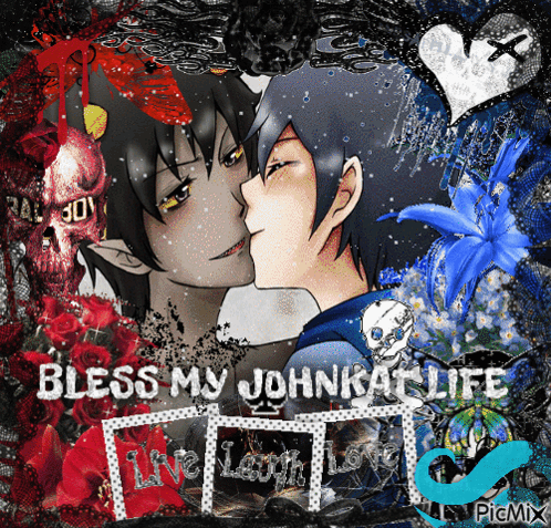 A Picture Of A Boy Kissing Another Boy With The Words Bless My Johnkat Life GIF