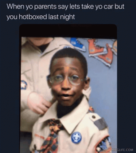 A Picture Of A Boy Scout With A Caption That Says " When Yo Parents Say Lets Take Yo Car But You Hotboxed Last Night GIF