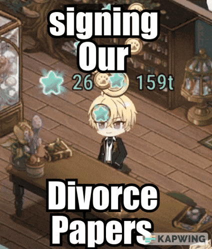 A Picture Of A Boy Sitting At A Table With The Words Signing Our Divorce Papers On It GIF
