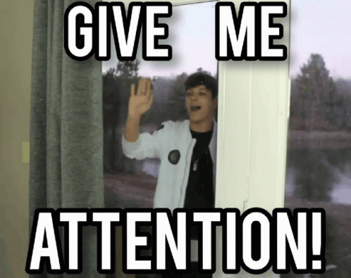 A Picture Of A Boy Standing In A Doorway With The Words Give Me Attention Below Him GIF
