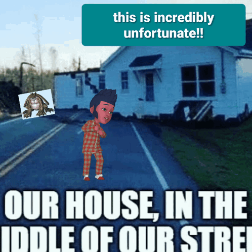 A Picture Of A Boy Standing In Front Of A House That Has Been Destroyed GIF