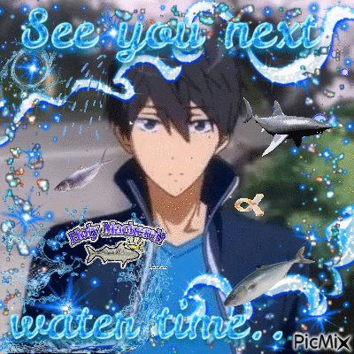 A Picture Of A Boy Surrounded By Fish And The Words See You Next Water Time GIF