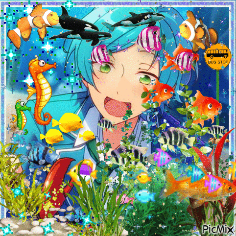 A Picture Of A Boy Surrounded By Fish With A Bus Stop In The Background GIF