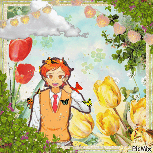 A Picture Of A Boy Surrounded By Flowers And Butterflies Has The Word Picmix On The Bottom GIF