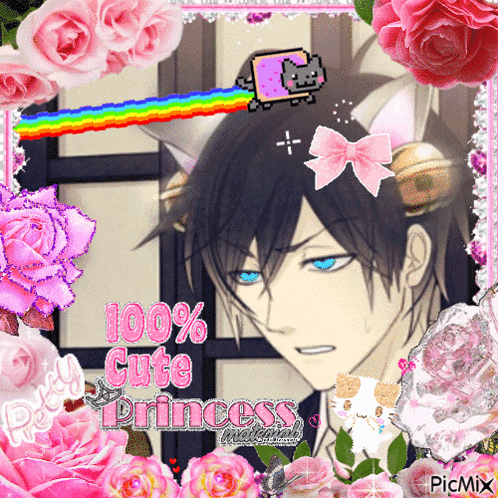 A Picture Of A Boy Surrounded By Pink Flowers With The Words 100 % Cute Princess Written On The Bottom GIF