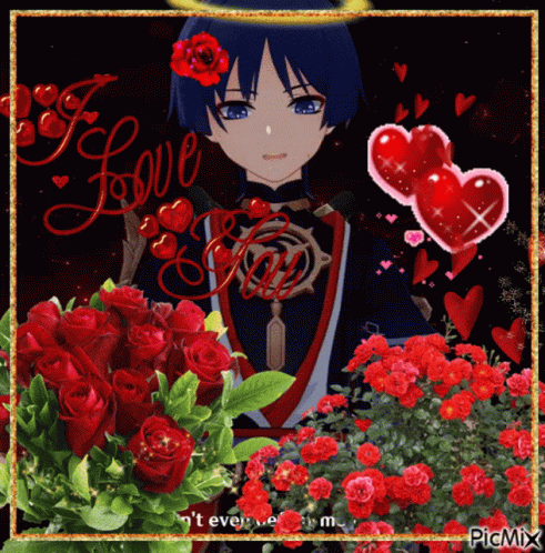 A Picture Of A Boy Surrounded By Red Roses With The Words I Love You On The Bottom GIF
