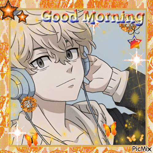 A Picture Of A Boy Wearing Headphones With The Words Good Morning Written Above Him GIF