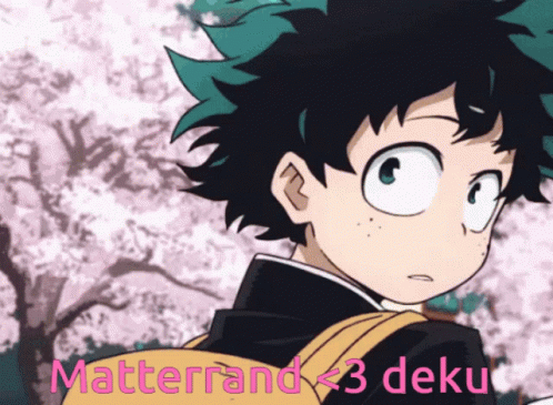A Picture Of A Boy With A Backpack And The Words Matterrand < 3 Deku On The Bottom GIF