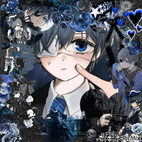 A Picture Of A Boy With A Bandage On His Eye And A Crown Of Blue Roses GIF