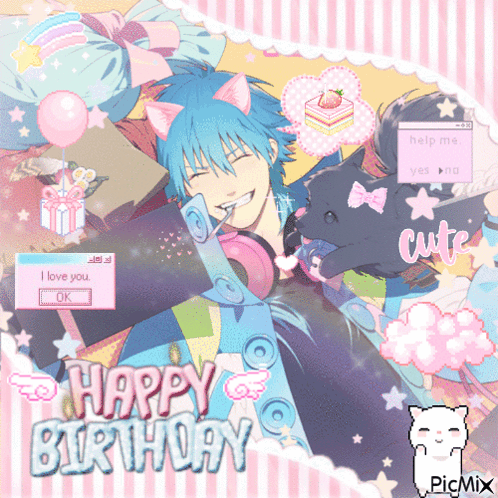 A Picture Of A Boy With A Cat Ear And The Words Happy Birthday GIF