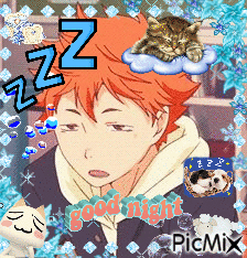 A Picture Of A Boy With A Cat Sleeping On A Cloud And The Words Good Night GIF