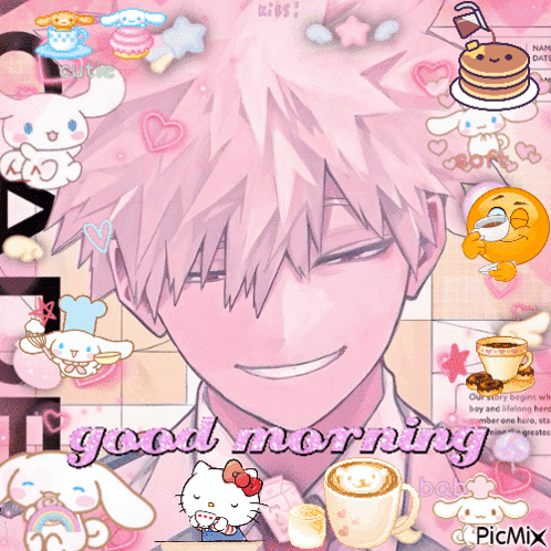 A Picture Of A Boy With A Hello Kitty Ribbon Around His Neck And The Words Good Morning GIF