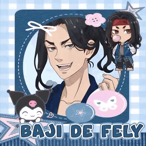 A Picture Of A Boy With A Ponytail And The Name Baji De Fely GIF