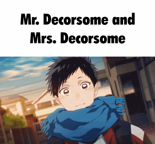 A Picture Of A Boy With A Scarf Around His Neck And The Words Mr. Decorsome And Mrs. Decorsome Above Him GIF