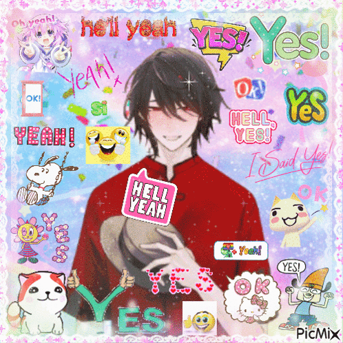 A Picture Of A Boy With A Sticker That Says " Hell Yeah " On It GIF