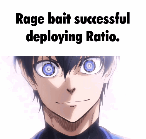 A Picture Of A Boy With Blue Eyes And The Words " Rage Bait Successful Deploying Ratio " Below Him GIF