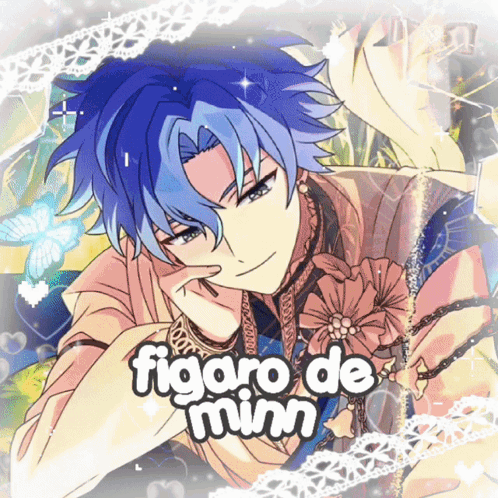 A Picture Of A Boy With Blue Hair And The Words Figaro De Ninn Above Him GIF