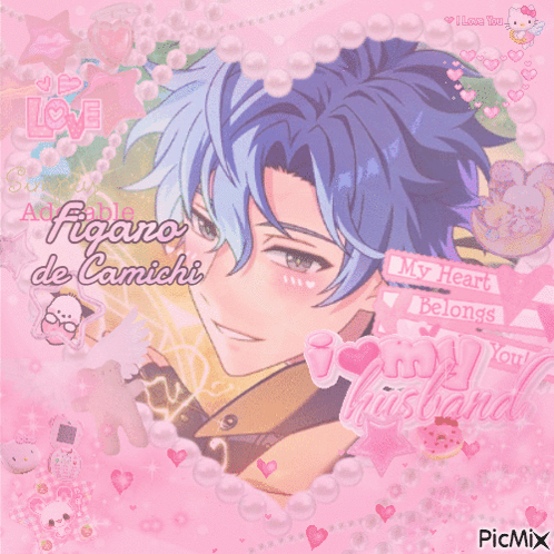 A Picture Of A Boy With Blue Hair And The Words " My Heart Belongs To You " GIF