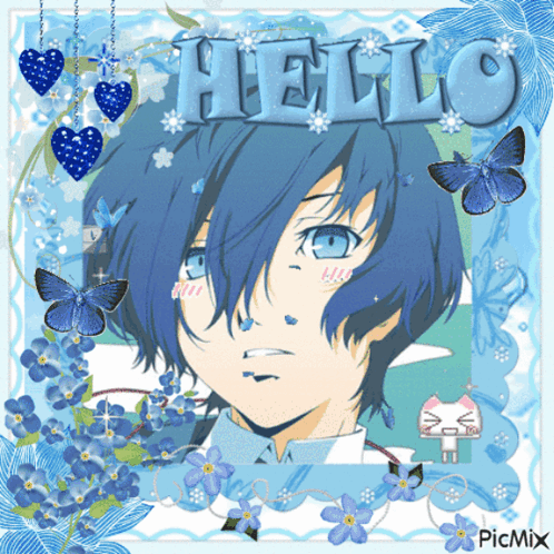 A Picture Of A Boy With Blue Hair Surrounded By Blue Flowers And The Word Hello GIF