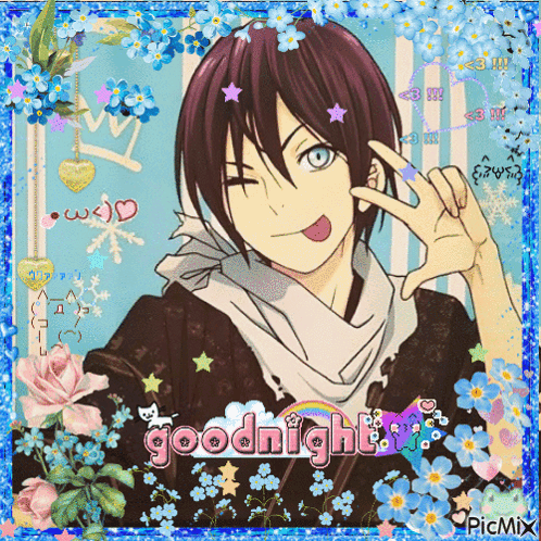 Boy With Flowers And Good Night Text GIF