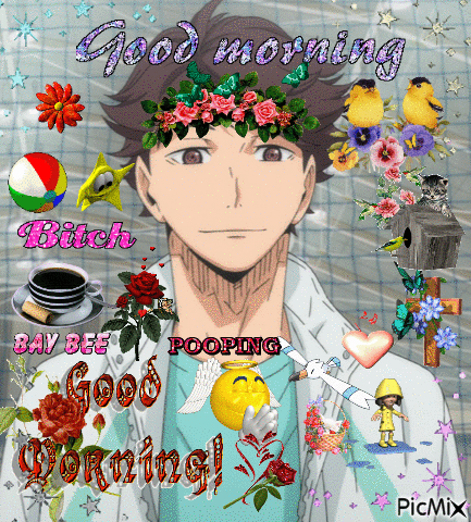 A Picture Of A Boy With Flowers On His Head And The Words Good Morning GIF